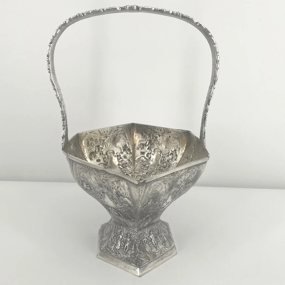 International Silver Co Antique Wedding Basket Silverplate Repousse Ornate Tall